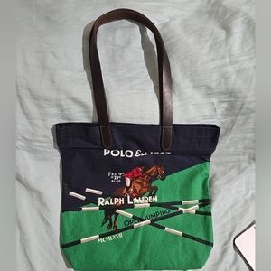 NWT Polo Ralph Lauren Equestrian Print Canvas Shopper Tote Leather Handles